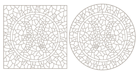 Set of contour illustrations in the style of stained glass with the signs of the zodiac pisces, dark contours on a white background