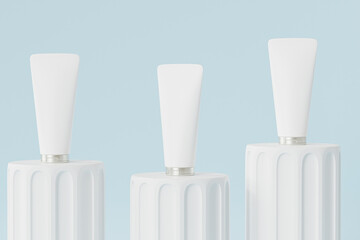 Mockup lotion tube for cosmetics products, template or advertising on pillar podium, minimal 3d illustration render