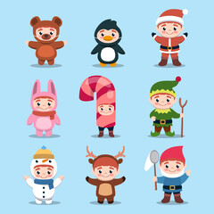 Set of cute kids with Christmas costume design illustration