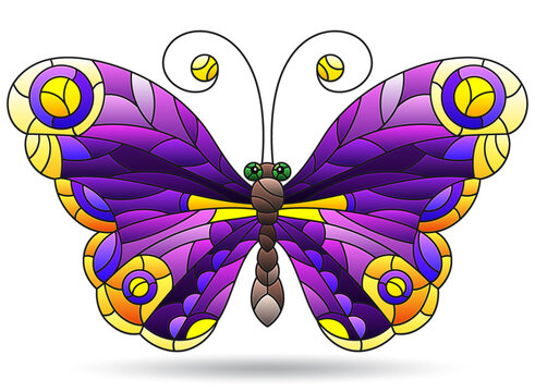 Illustration in the style of a stained glass window with a bright butterfly, an animal isolated on a white background