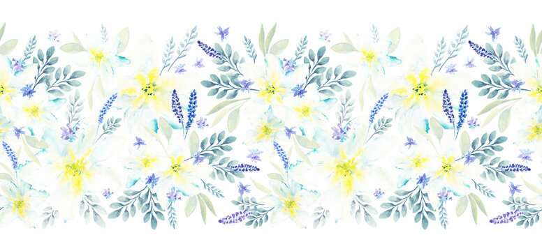 Softness watercolor seamless floral border. Isolated Hand drawn narcissus and abstract blue flowers with leaves on white background. Ornate nature element for design.
