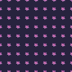 Fototapeta na wymiar Abstract bloom seamless pattern with pink orchid flowers silhouettes. Navy blue background.
