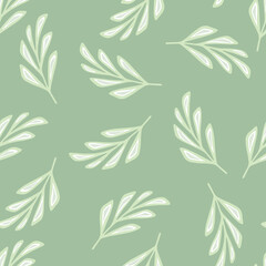 Nature seamless pattern with white random geometric branches elements. Light green background.