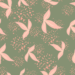 Random seamless botanic pattern with pink simple leaf ornament. Green background with splashes.