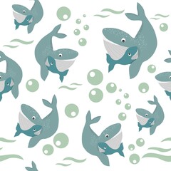 Whale specimen. Print for pillows, bedding or other designs. Textile. Underwater world. Mammals. Whale mom and son.