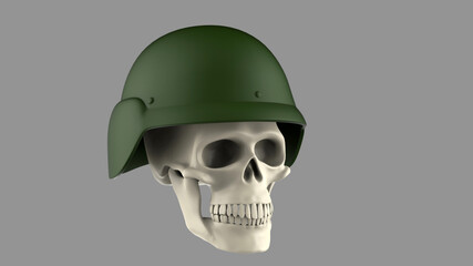 Skull in military helmet on a gray background. 3d render skull 
