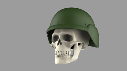 3d render skull in military helmet on a gray background