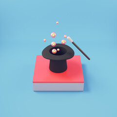 Cylindrical hat with magic wand on bright blue backgrpund