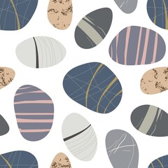 Beach pebbles seamless pattern. Hand drawn various shapes. Modern illustration in vector. Different shapes and colors and textures. Various forms of sea rock pebbles for wallpaper, print, textile