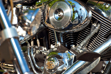 Motorcycle engine closeup. chrome engine parts. Shiny smooth details.