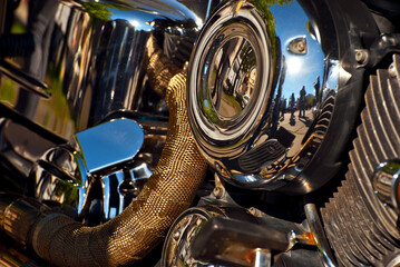 Motorcycle engine closeup. chrome engine parts. Shiny smooth details.