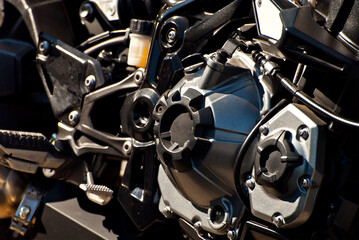 Motorcycle engine closeup. chrome engine parts. Shiny smooth details.