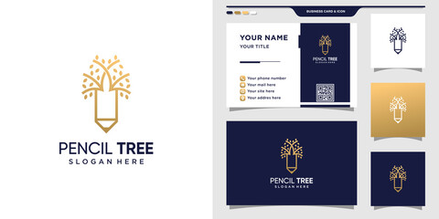 Pencil combined with tree logo and business card design Premium Vector