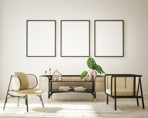 mock up poster frame in modern interior background, living room, minimalistic style, 3D render, 3D illustration