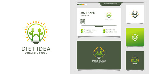 Organic food logo combined with light bulb and business card design Premium Vector