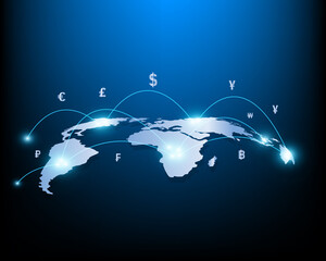 Fototapeta na wymiar Global money transfer and exchange business network and stocks.
