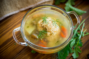fresh hot soup with chicken meatballs and vegetables in a plate