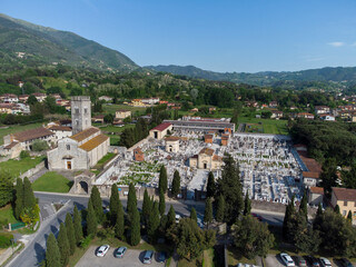 Aerial view of he abbey of San Pietro, an important Catholic place of worship in Camaiore, Lucca,...
