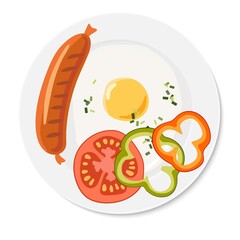 Breakfast. One fried egg, pieces of paprika and tomato, sausage on round white plate. Overhead view of isolated food. Vector illustration on white background. Flat design for menu, cafe, restaurant.