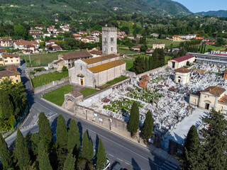 Aerial view of he abbey of San Pietro, an important Catholic place of worship in Camaiore, Lucca,...