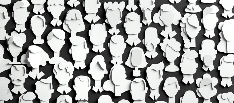 Lots of people's faces made of paper. People different ages and professional backgrounds. Paper cut design 3D render