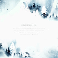 Watercolor winter vector template in blue and white colors. Сoniferous forest, mountain and abstract watercolor vector splashes