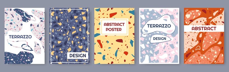 Terrazzo poster. Abstract modern card template with colorful stone or granite texture. Elegant banner, magazine cover with organic shapes vector set. Bright trending mosaic with frames