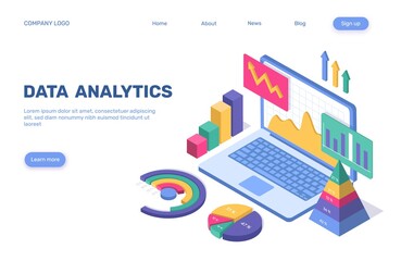 Data analytics landing page. 3d isometric business statistical analysis concept with pie chart, graph, diagram, laptop. Webpage vector template. Finance report, digital information