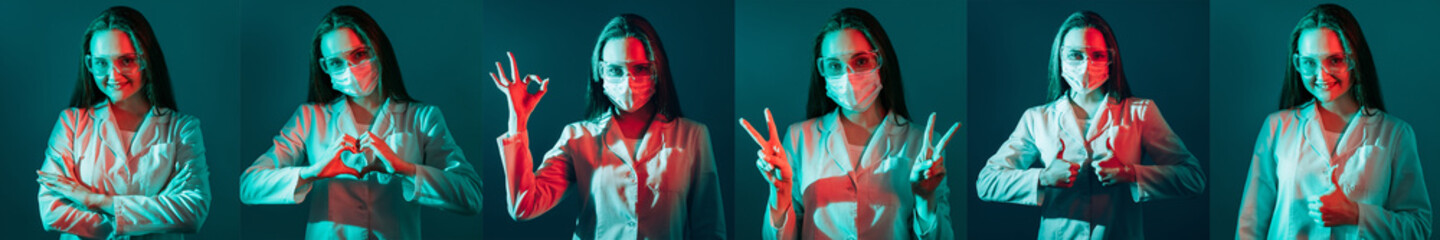 Medical approval. Doctor portrait collage. Successful lab research. Happy female scientist in face...
