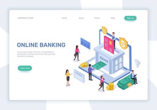 Online banking landing page. 3d isometric online finance management concept. Secure payments, money transactions vector web template. Electronic bank with employees and clients web page