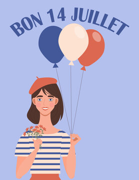 A cute dark-haired girl in a beret and sailor suit  holds a bouquet and balloons in the colors of the French flag. A festive illustration for the French National Celebration on July 14.