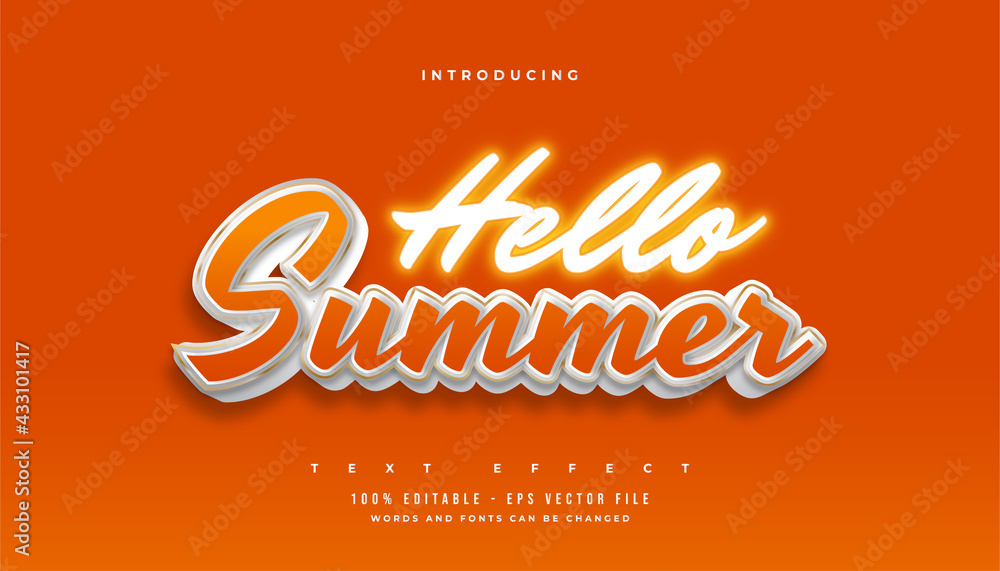 Wall mural Hello Summer Text in Orange Cartoon Style and Glowing Neon Effect. Editable Text Effect