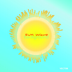 Bright sun with sun rays wave on blue background. Beautiful equalizer sunbeams banner. Vector sunshine illustration
