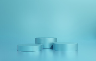Blue luxury podium color 3D background with geometric shapes circle, three pedestal Curved wall the platform for product presentation minimal composition, copy space, rendering