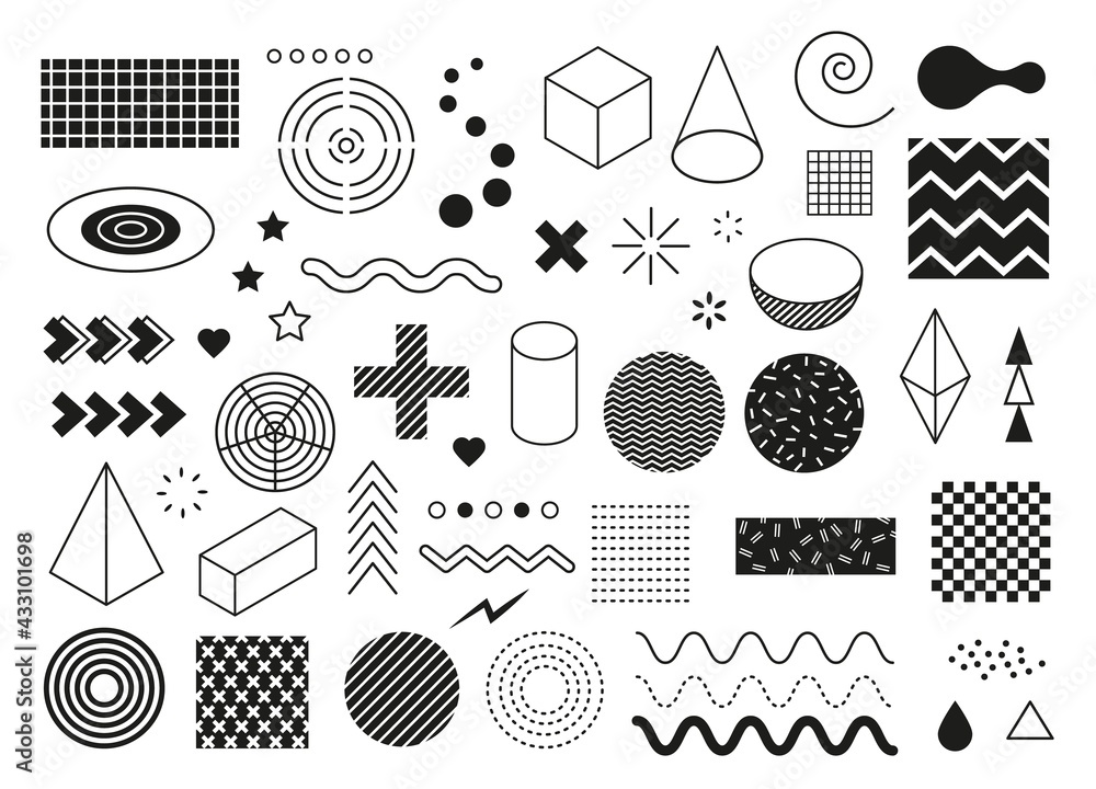 Poster abstract geometric shapes. modern minimal graphic elements. wave, triangle, line half circle, cube s