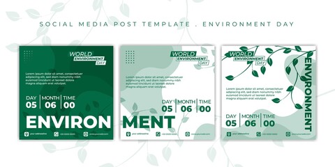 World Environment Day design with green leaf vector illustration. Set of Social media post template.