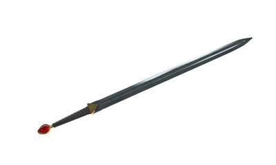 A fantasy long sword, with a skull and gold on an isolated white background. 3d illustration