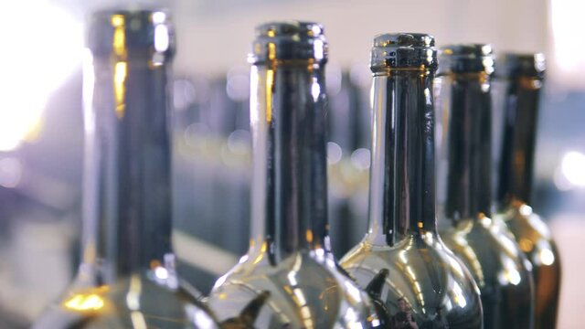 Wine production facility. Close up shot of empty wine bottles at a factory