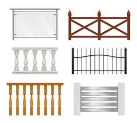 Architectural railing. Wooden metal plastic or glass sections for balcony handrails pillar decoration vector realistic collection