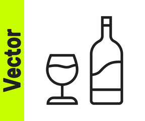 Black line Wine bottle with glass icon isolated on white background. Vector