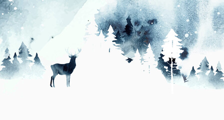 Watercolor vector winter landscape with isolated reindeer, mountain and forest in blue colors. Nature winter illustration. Watercolor design for christmas card, gift card, poster, banner