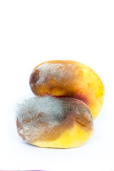 mouldy raw  peaches, isolated on white background.