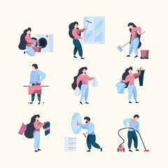 Cleaning characters. Hygiene professional workers with vacuum cleaner broom detergent garish vector people