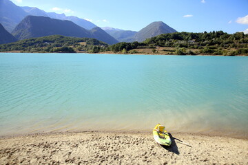 An abandoned rowboat on the shore of Lake San Vincenzo, nestled between the Mainarde mountains,...