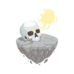 Skull on stones. Isometric game location element, human bones on rock and smoke cloud. Isolated horror vector object
