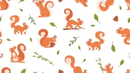 Cute squirrel pattern. Forest wildlife, cartoon red squirrels vector seamless texture