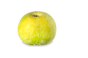 Yellow apple in drops of water on a white background. Isolated bullseye.