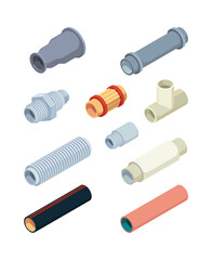 Pipes isometric. Industrial pictures of pvc plastic pipes repairing details for bathroom garish vector valves industrial connectors