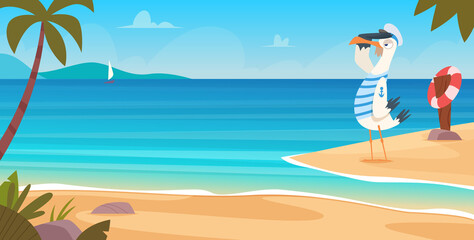 Fototapeta na wymiar Seagull on beach. Bird sailor on seaside standing flying near sand coast ocean landscape blue water and sky exact vector cartoon background