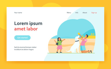 Pet owners father man and daughter kid playing with dog on meadow. People with friend cartoon character flat vector illustration. Domestic animal, parenting concept for banner or landing web page